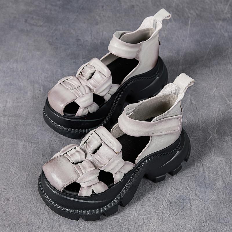 Fashion GKTINOO Closed Toe Thick Soled Sandals 2025 Summer New Retro Genuine Leather Comfortable Soft Sole Versatile Women's Shoes