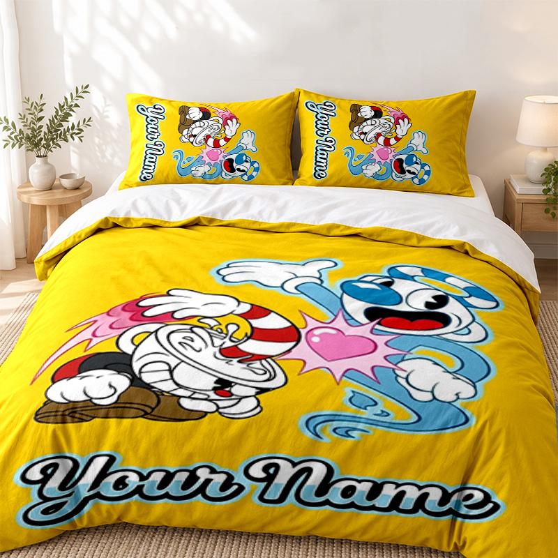 Cuphead Custom Name 3pc set Perfect for bedroom use Comfortable bedding set includes a duvet cover and two pillowcases Ideal birthday or Christmas gif
