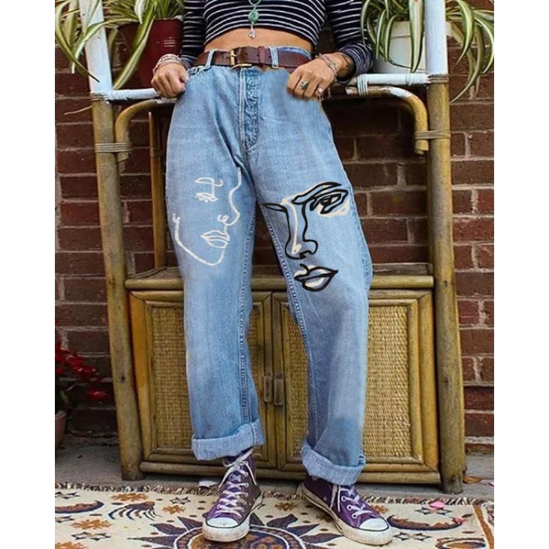 Abstract Figure High Waist Straight Leg Denim Jeans Women Streetwear All Season Casual Pants 2116