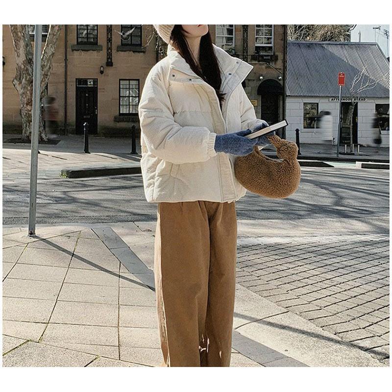 2026 Winter Corduroy Puffer Jacket Women Kendall Style Slim Fit Thick Warm College Coat