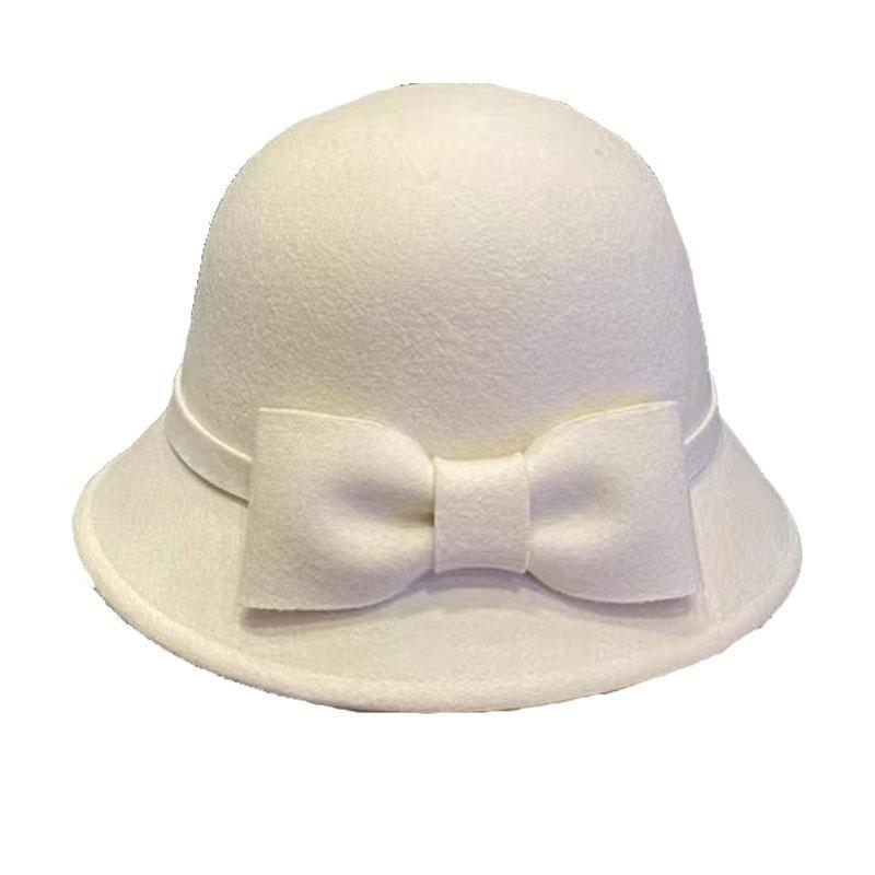 Qianjin Xiaoxiangfeng bow white bowler hat women's autumn and winter French high-end foreign gas bucket hat shows small face