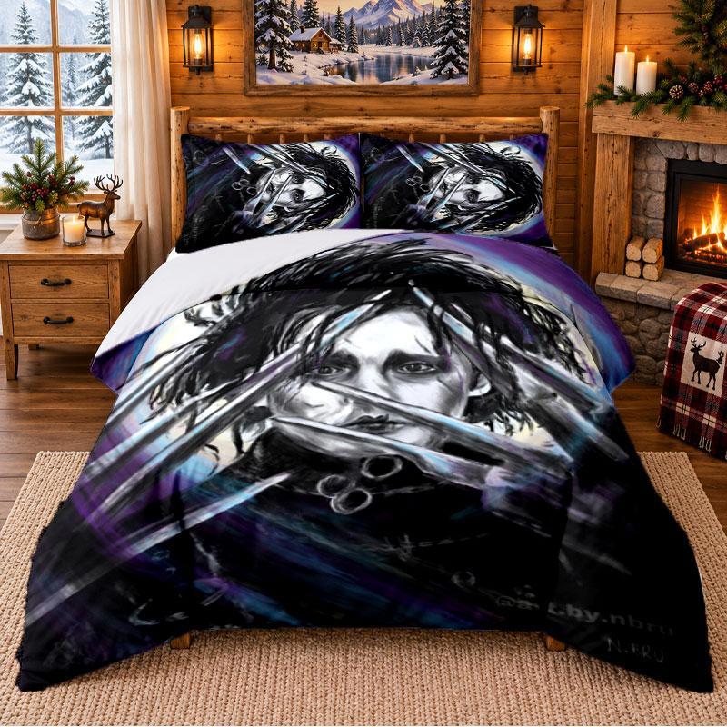 Edward Scissorhands Pattern Bedding 3Pcs Set Bed Sheet And Pillowcases For Indoor Bedroom
