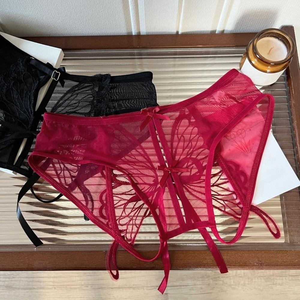 Sheer Mesh Ribbon Bow Briefs Embroidery Butterfly Panties Fashion Open Crotch Briefs Ladies Girls