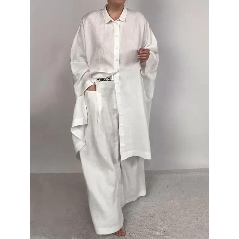 Весна и осень Повседневный свободный однотонный костюм с длинным рукавом и широкими брюками