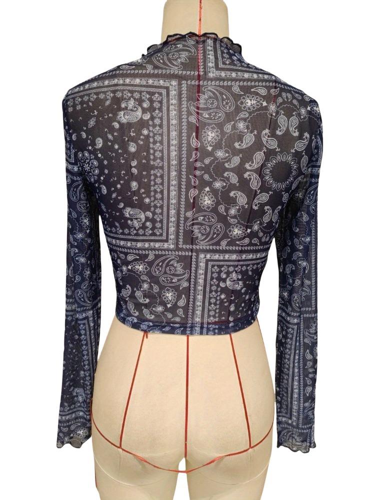 Весенне-летняя элегантная женская сетчатая футболка с принтом, воротником-стойкой и длинными рукавами, укороченная. Универсальная модная рубашка.