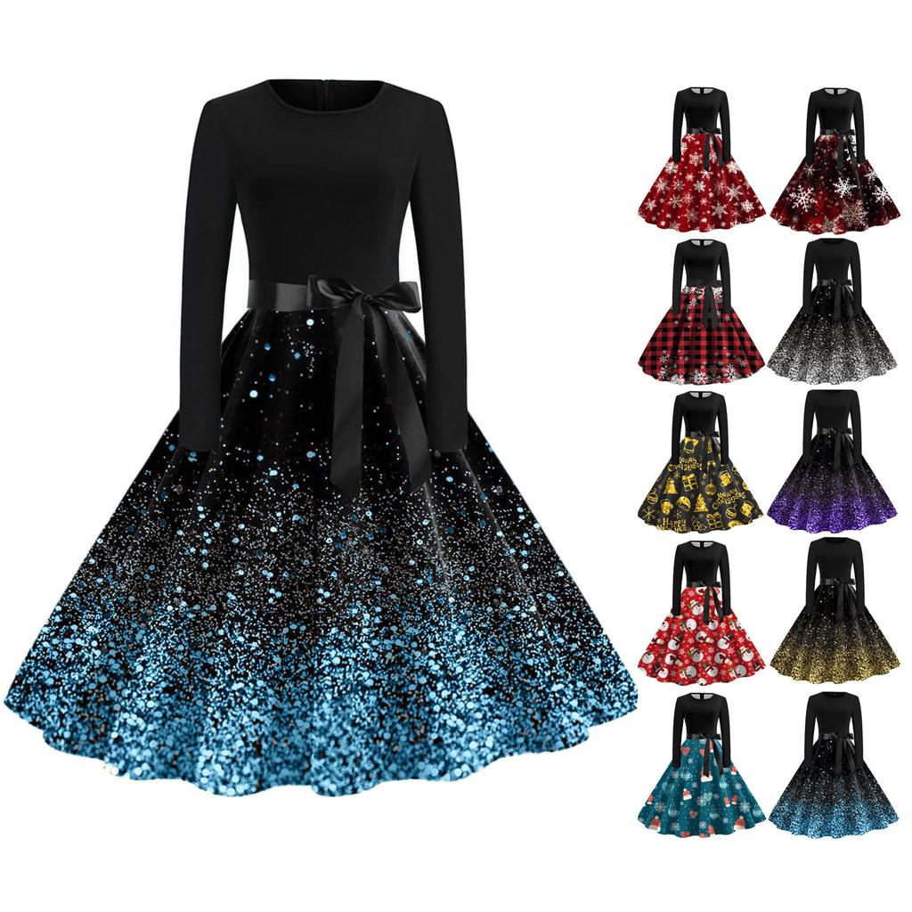 Женские повседневные модные длинные платья с рождественским графическим принтом и длинными рукавами в винтажном стиле