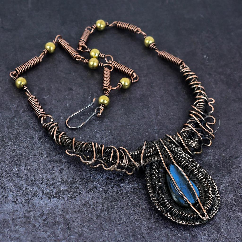 Лабрадорит Драгоценный камень Ручная работа Медная проволока Обертка Ювелирное ожерелье 18" J8L36
