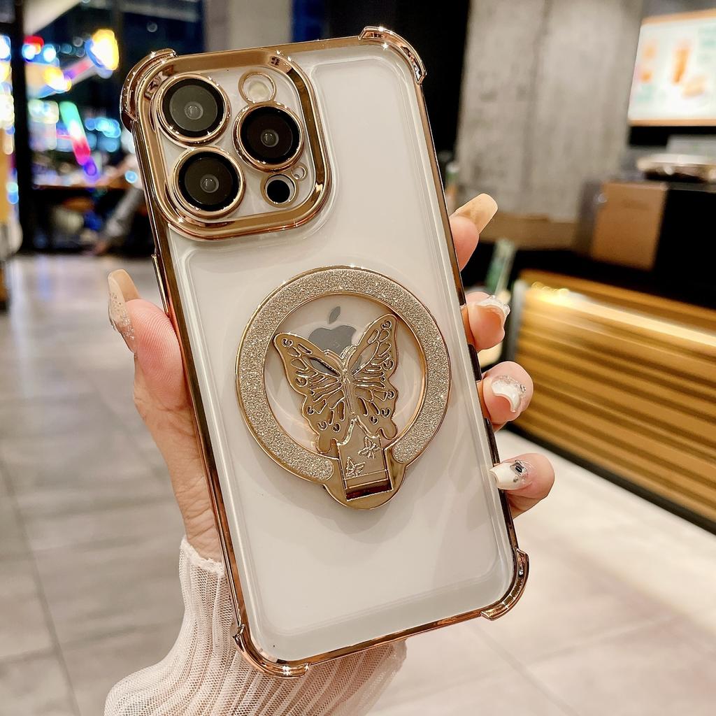 Applicable to iPhone16ProMax mobile phone case butterfly glitter bracket Apple 15 four corners anti-drop protective case