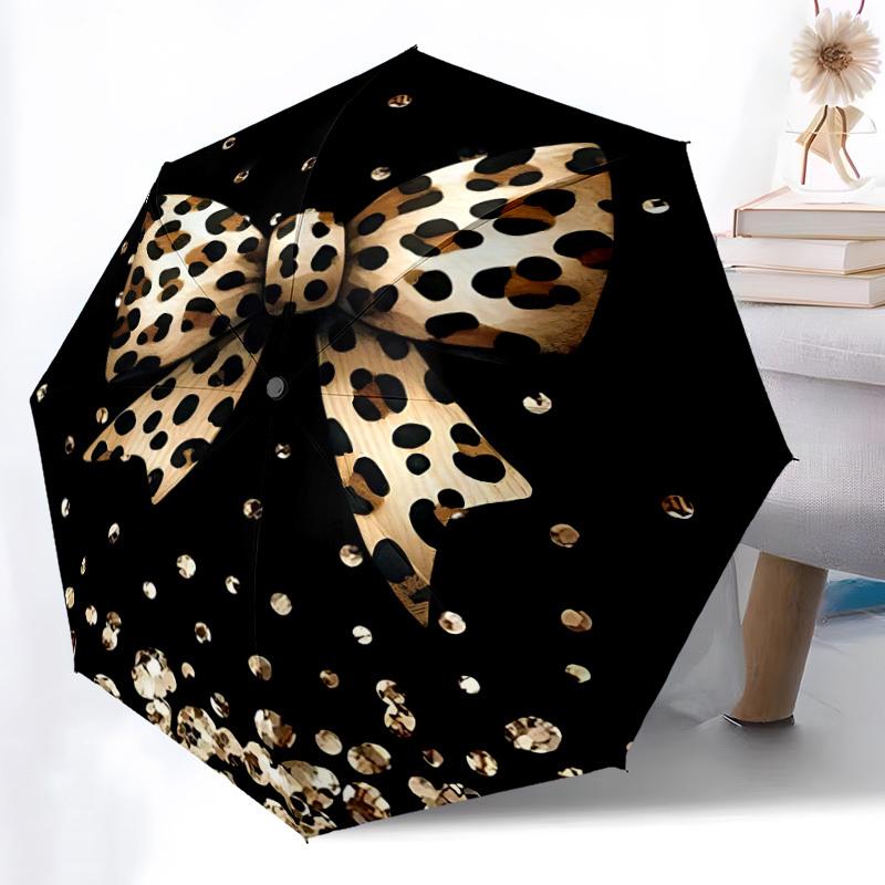 1pc Leopard Bow Automatic Folding Umbrella, 8-Rib Durable Iron Frame, Compact Travel Umbrella for Women & Men 050