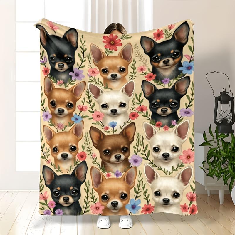 Chihuahua Dog Floral Flannel Throw Blanket, Cute Chihuahua Puppy Flower Print Soft Cozy Blanket for Dog Lover Sofa Bedroom Pet Home Gift