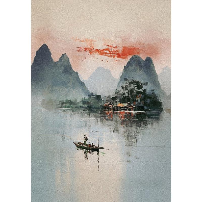 Традиционный китайский горный пейзаж природа река лодка искусство постеры холст картины настенные принты картины гостиная домашний декор
