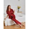 Heart Embroidery Satin Pajama Set Casual Short Sleeve Button Up Lapel Collar Top & Pants Women's Sleepwear