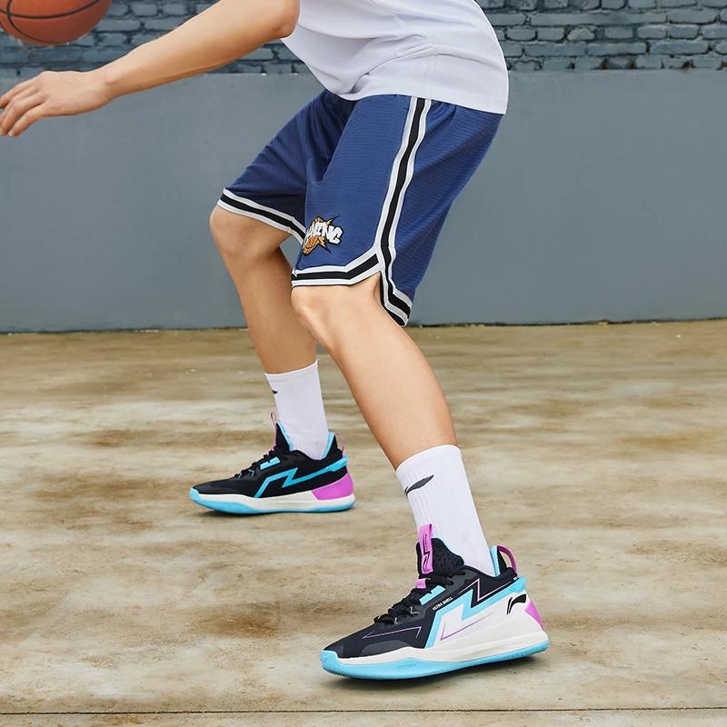 Li-Ning Баскетбольная серия, свободные повседневные шорты для сращивания, мужские штаны, солено-синий цвет, AAPS269-2