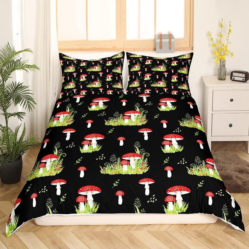 Mushroom Duvet Cover Watercolor Fungus Bedding Set Wild Botanical Comforter Cover Set Retro Leaf Pattern Polyester Quilt Cover