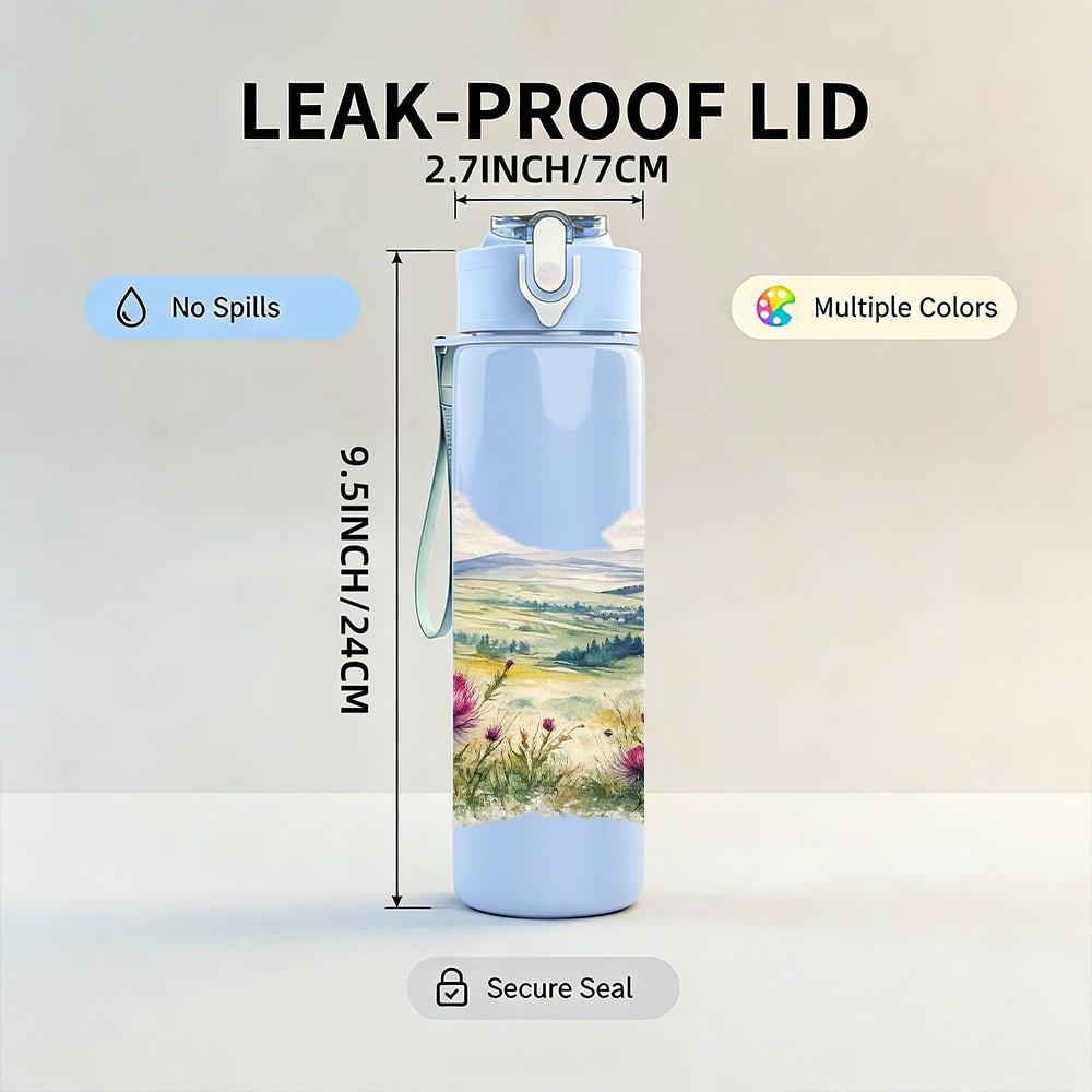 1PC Soft Pastel Mountain Lake Landscape Print 750ml Color Plastic Sports Water Bottle Leakproof Flip Straw Lid Suitable for Sports Office Home Use