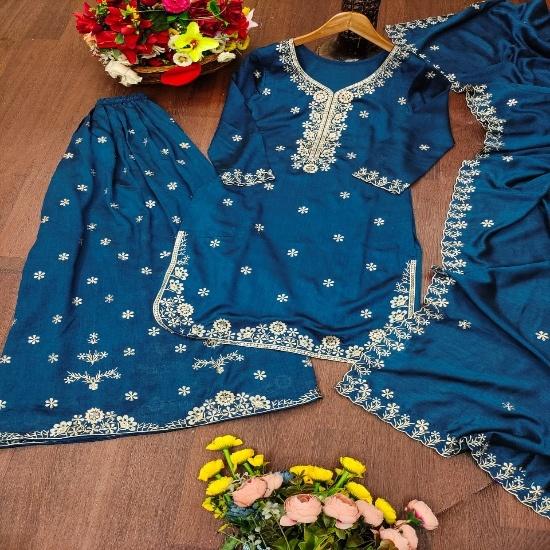 **Elegant Teal Blue Chanderi Silk Embroidered Kurta Suit Set with Dupatta**