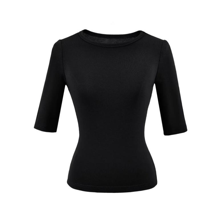 Cashmere medium-sleeved round neck front shoulder T-shirt women's summer new American solid color elastic slim-fit five-quarter sleeve bottoming shirt