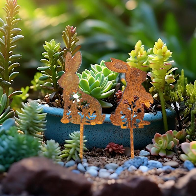 Iron Art Easter Bunny Garden Stakes Easter Rabbit Silhouette Set Rusty Animal Garden Flower Pot Grass Plug-in Decoration
