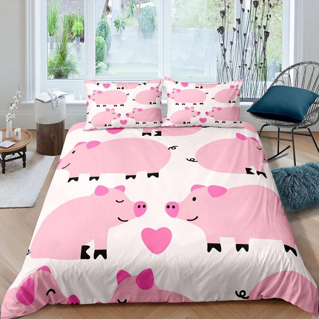 Cartoon Kawaii Pig King Queen Duvet Cover Happy Farm Animal Bedding Set Pink Piggy Quilt Cover 2/3pcs Polyester Comforter Cover