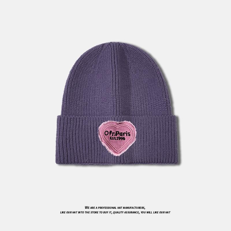 Love Patch Knitted Hat for Women in Autumn and Winter Versatile Fashionable Woolen Hat Large Head Circumference Warm Pullover Cold Hat