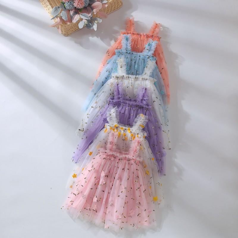 Girls Princess Dress Sleeveless Lace Tutu Embroidered Flower Patch Party