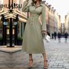 Autumn POLO Neck Waisted Cardigan Skirt Commuter Button Shirt Dress