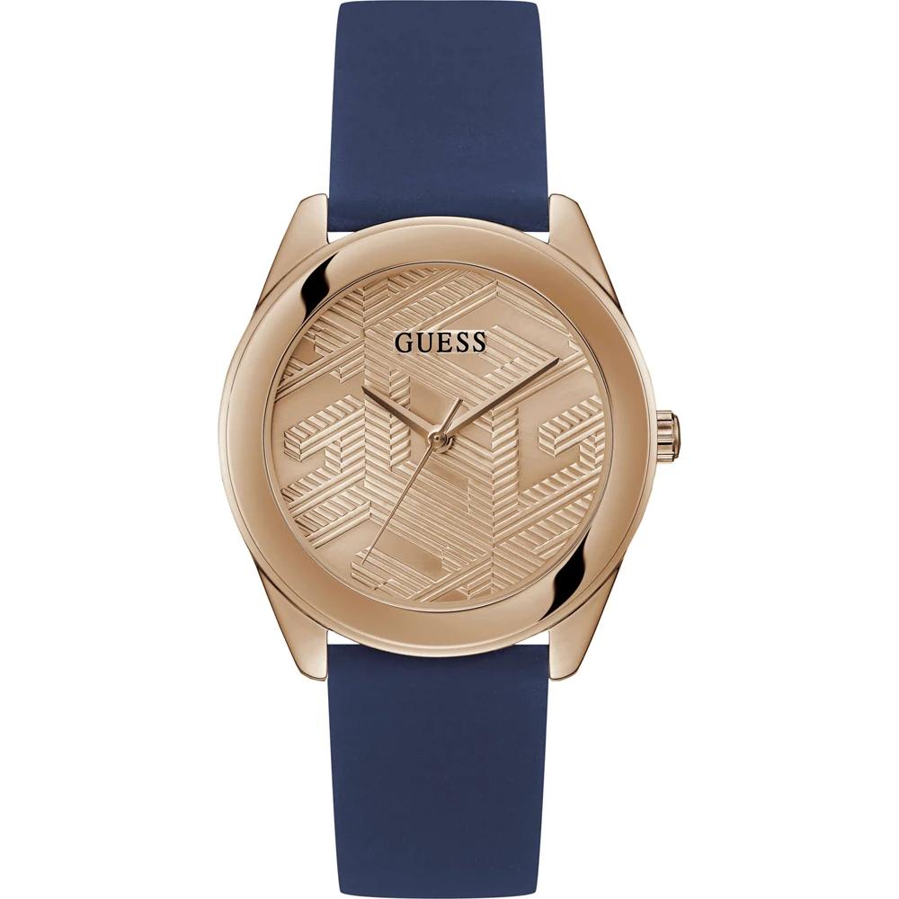 Guess Мужские кварцевые часы GW0665L2 из нержавеющей стали с кубическим цирконием и силиконовым ремешком, цвет розового золота