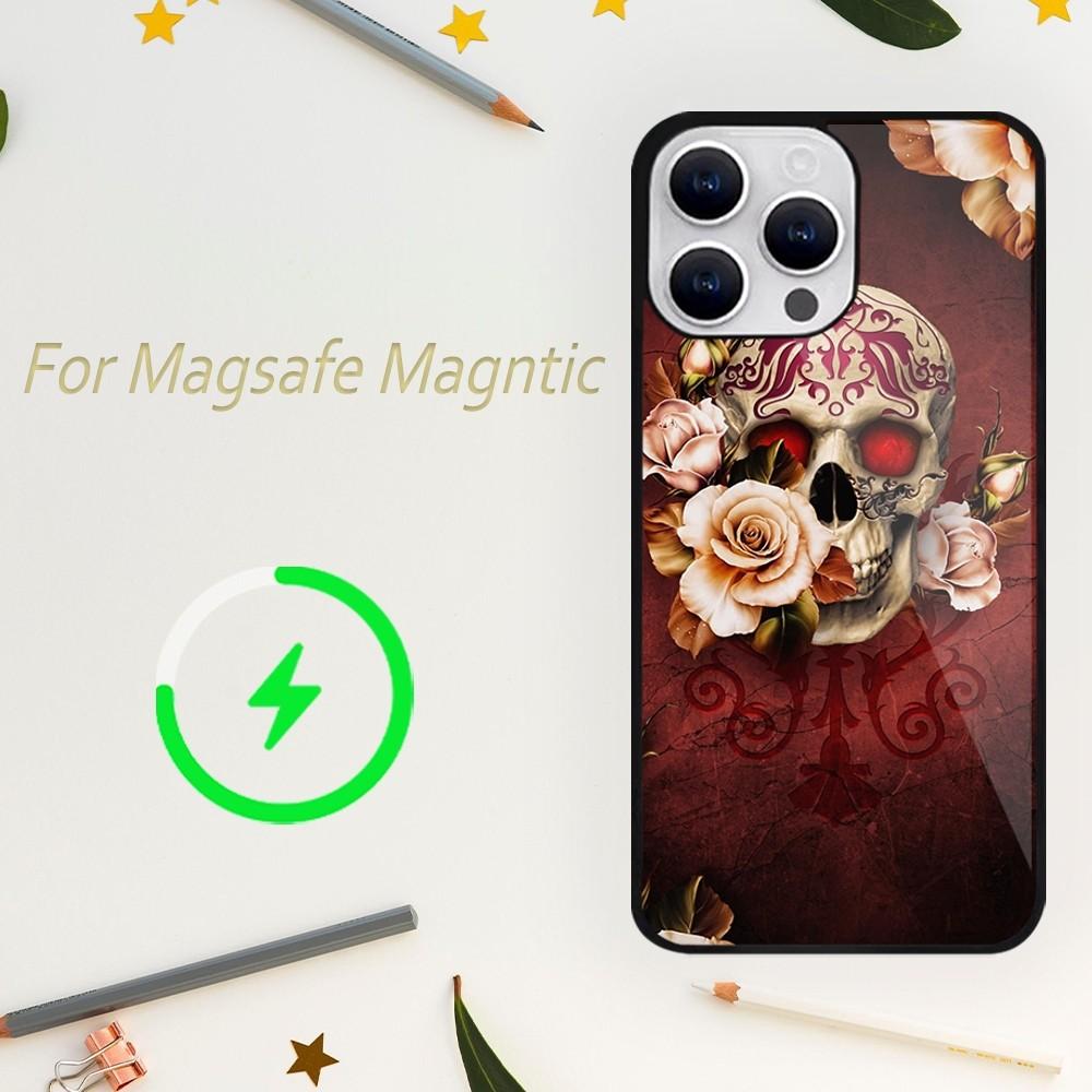 Роскошный чехол для телефона Skull Dead Flowers для iPhone 15 14 13 12 11 Plus Pro Max Magsafe Magnetic Wireless Charger