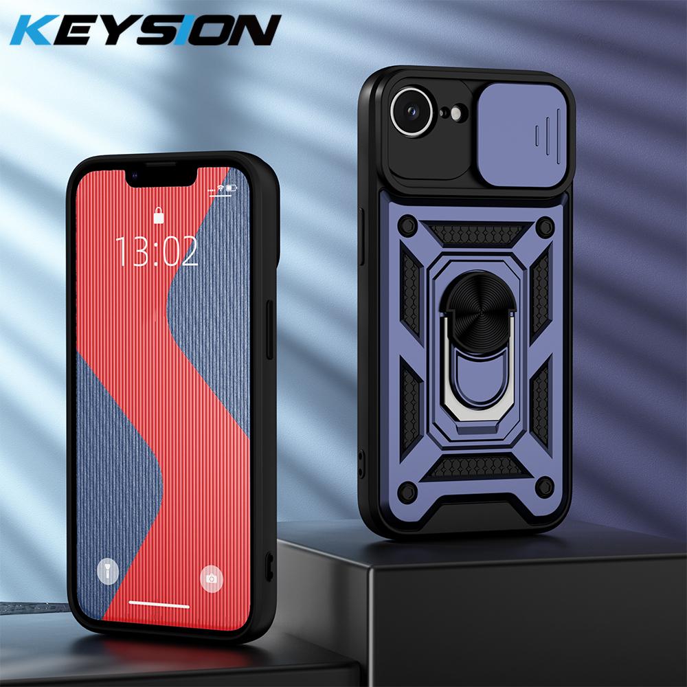 KEYSION Противоударный защитный чехол для iPhone 16e Slide Camera Lens Protection Metal Ring Stand Phone Back Cover для iPhone 16e 2025