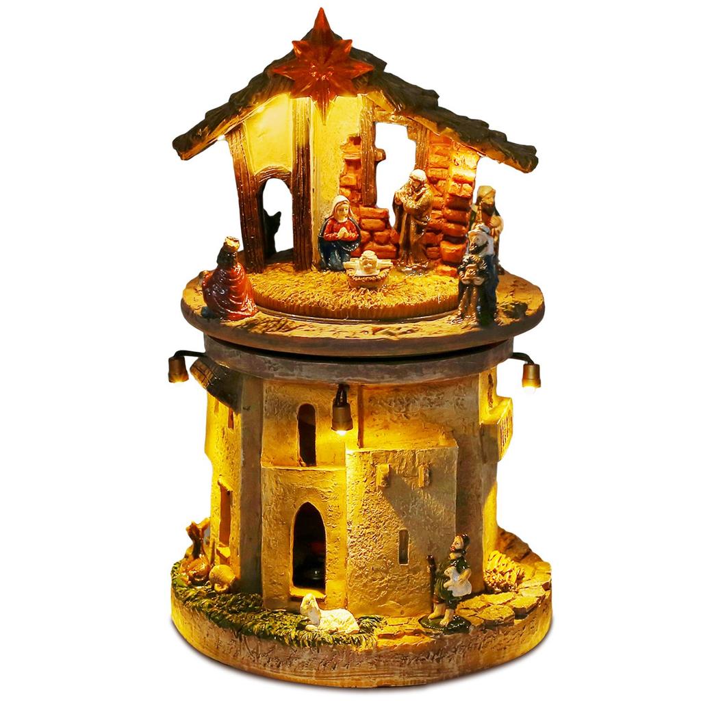 Анимированная Рождественская Деревня Сцена Рождества Святое Семейство Вращающаяся Фигурка Яслей с Религиозными Песнями и Огнями Внутреннее Украшение
