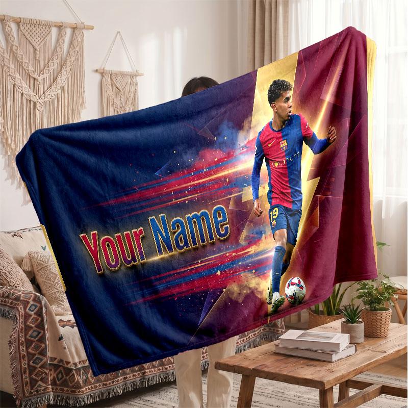 Lamine Yamal Personalized Fleece Blanket With Football Logo, Custom Name Text Soft Warm Home Throw Blanket