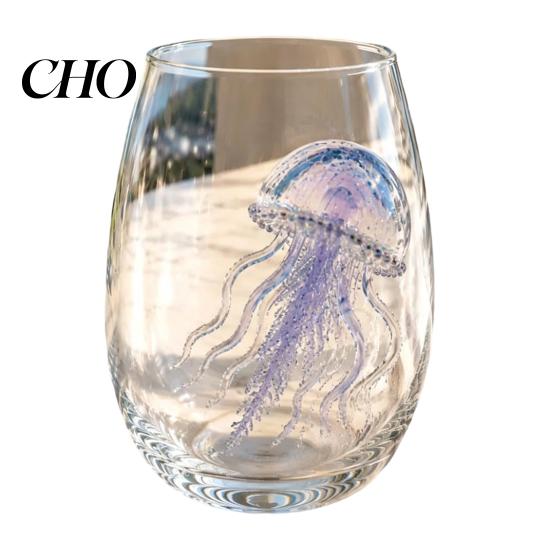 Artistic Blue Ring Octopus Glass 12oz Water Cup, Embossed Design, Hand Painted Marine Style Decorative Ocean Theme Barware Drinking for Lovers