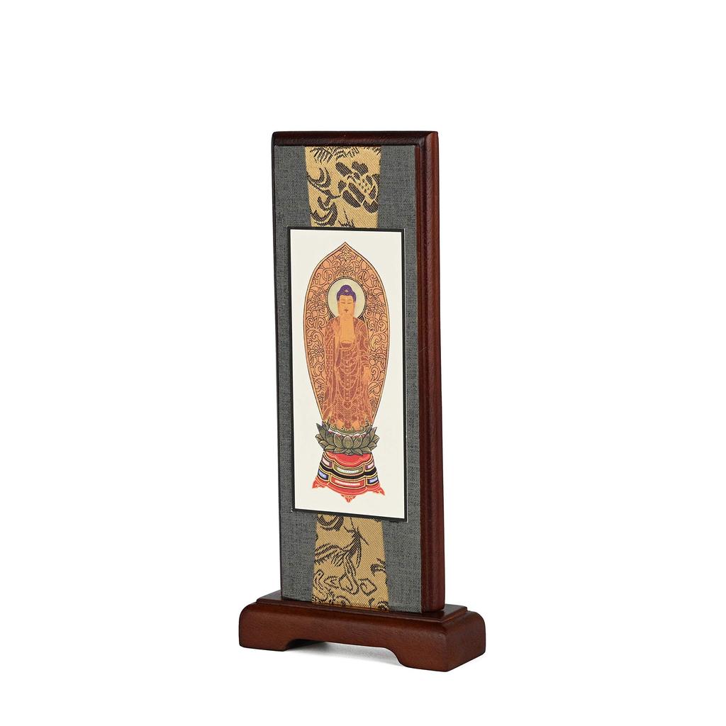 Urban Workshop Amitabha Buddha Standing Hanging Scroll (Walnut Color) Wooden Frame Buddhist Altar Accessories Mini Size 20cm High X 9cm Wide