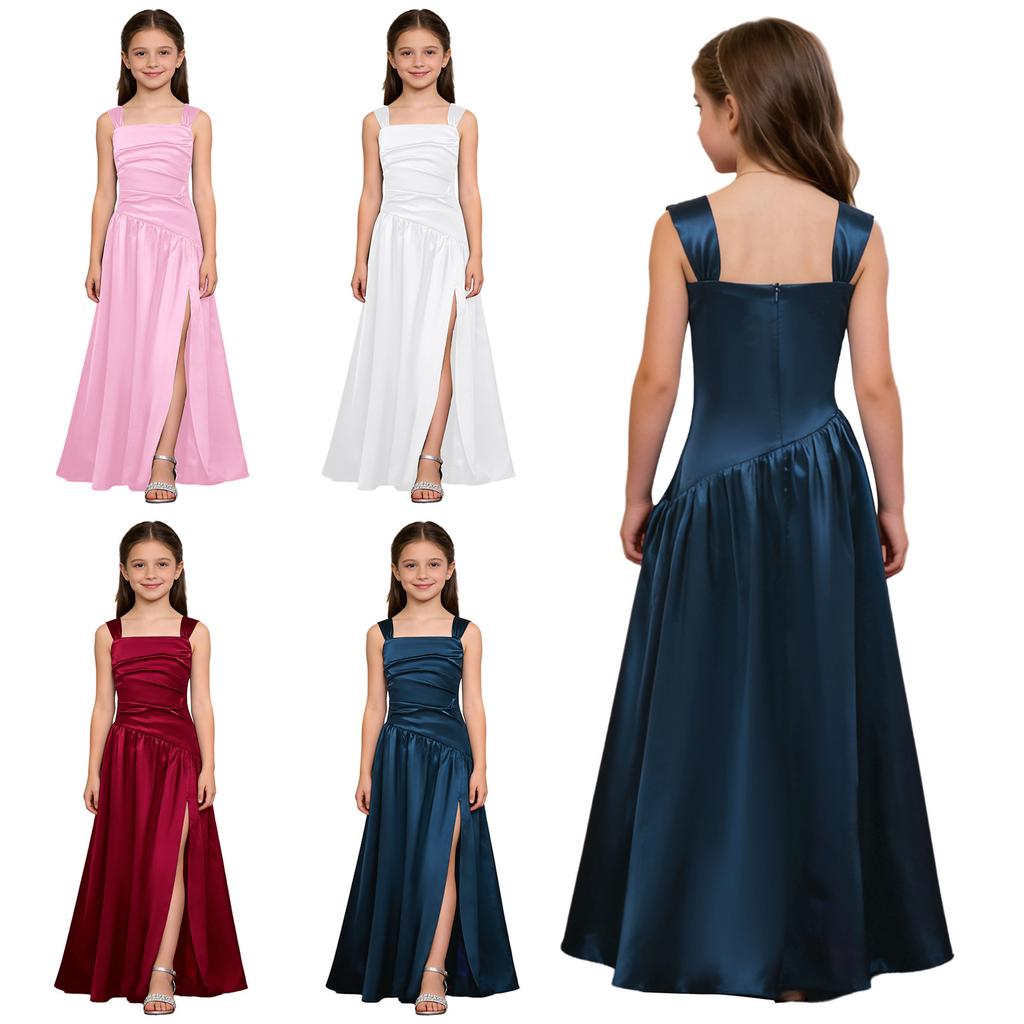Girls Formal Party Gown Sleeveless Ruched Bodice Asymmetrical Drop Waist Hem Side Split for Baptism Church Wedding Event