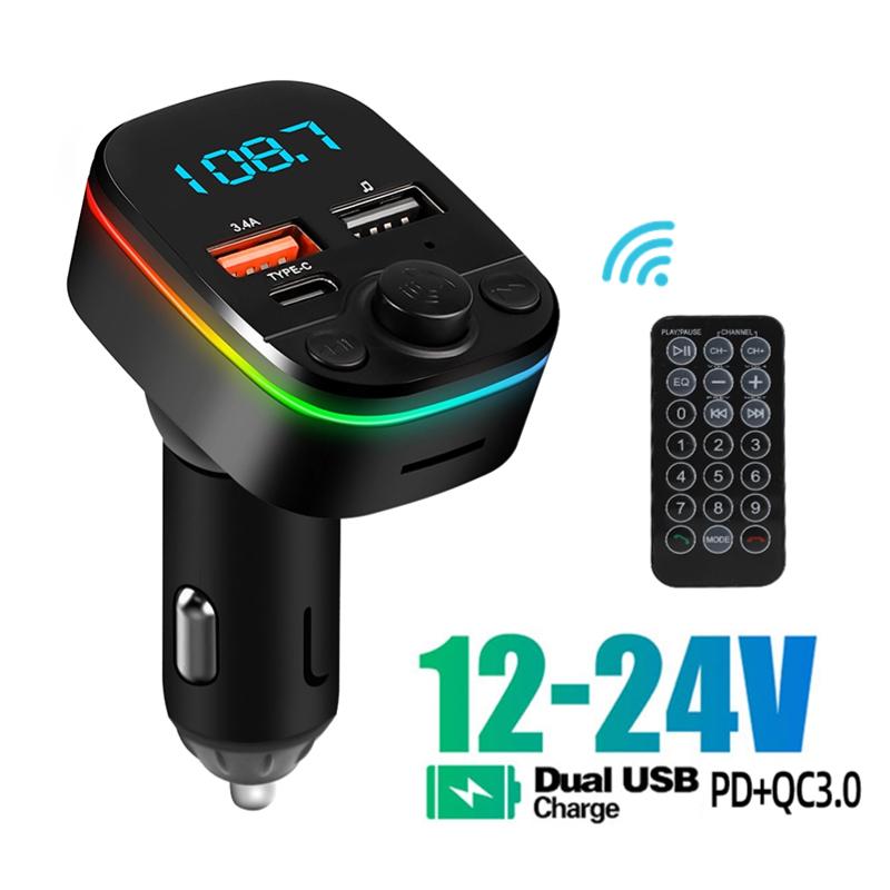 3in1 Car Bluetooth 5.0 FM Transmitter Mp3 Player 3.4A Dual Port USB +Type C PD Fast Charger With Remote Control Ambient Light Wireless Audio Receiver