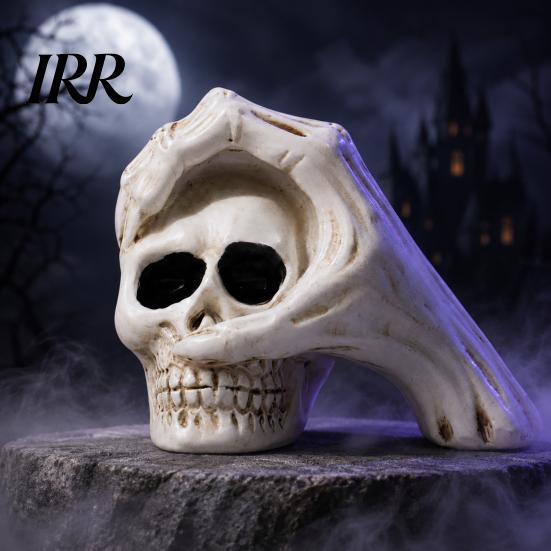 Spooky Secret Room Props Halloween Skull Hand Sculpture, Gothic Skeleton Head Figurine, Resin Vintage Yellowed Sculpture Decoration for Bedroom Living