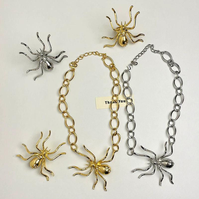 Exaggerated Rhinestone Metal Giant Spider Pendant Necklace Women's 2025 New Vintage Choker Ring Brooch Punk Party Jewelry Access