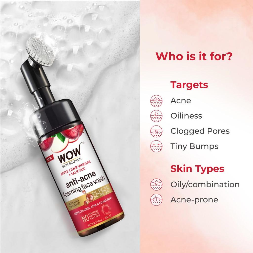 WOW Skin Science Пенка для умывания с яблочным уксусом 150 мл со встроенной щеточкой Глубоко очищающее средство для всех типов кожи