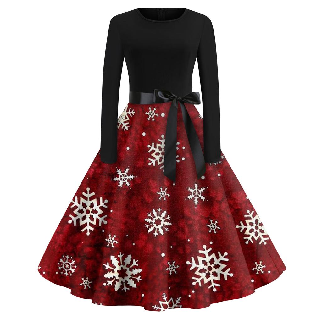 Women's Fashion Round Neck Casual Slim Christmas Printed Long Sleeve Dresses