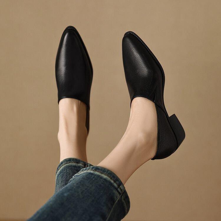 Women's Spring and Autumn Retro Pointed Toe Pedal Soft Leather Loafers All-match Thick-heeled Mid-heel Fashion Single Shoes