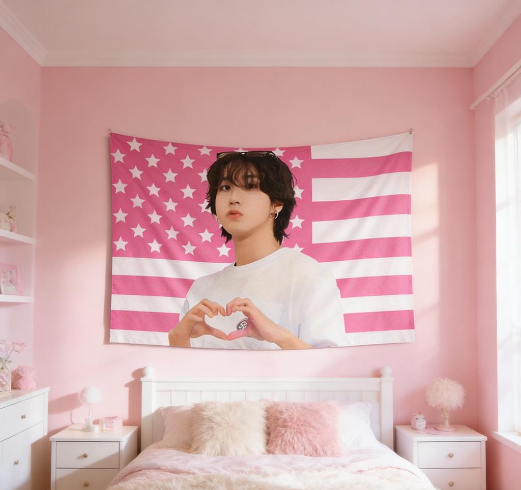 1pc HHan JJisung Finger Heart Tapestry Pink American Flag with Heart Gesture Perfect for Stray Fans Birthday Party