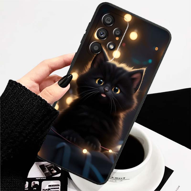 Аниме мультяшный кот иллюстрация Для Samsung A73 A72 A71 A55 A54 A53 A52 A51 A13 A22 A16 A15 A12 A14 A26 A07 5G Черный чехол для телефона