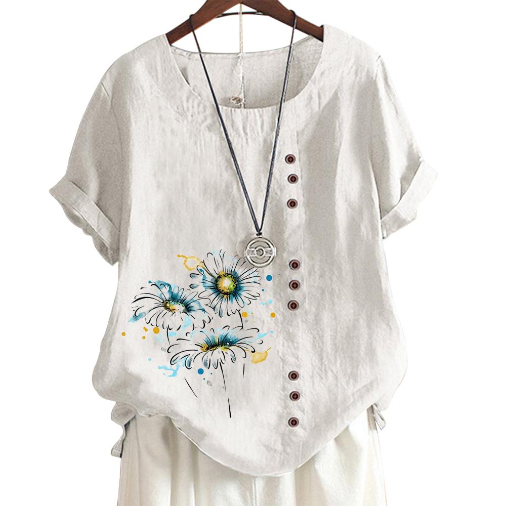 Womens Floral Print Cotton Casual Top with 6 Patterns, Round Neck, Short Sleeves, Button Embellishments