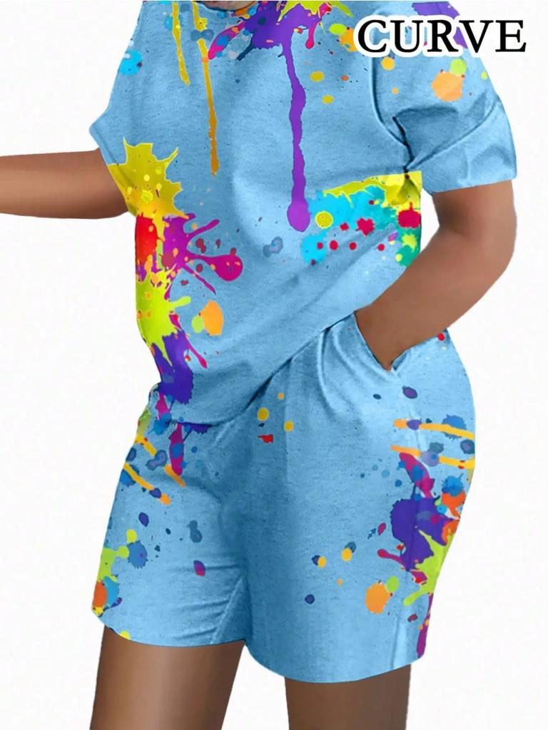 Летние красочные принты женские комплекты из двух частей повседневные футболки с коротким рукавом и круглым вырезом и шорты домашняя одежда шорты с коротким рукавом из двух частей