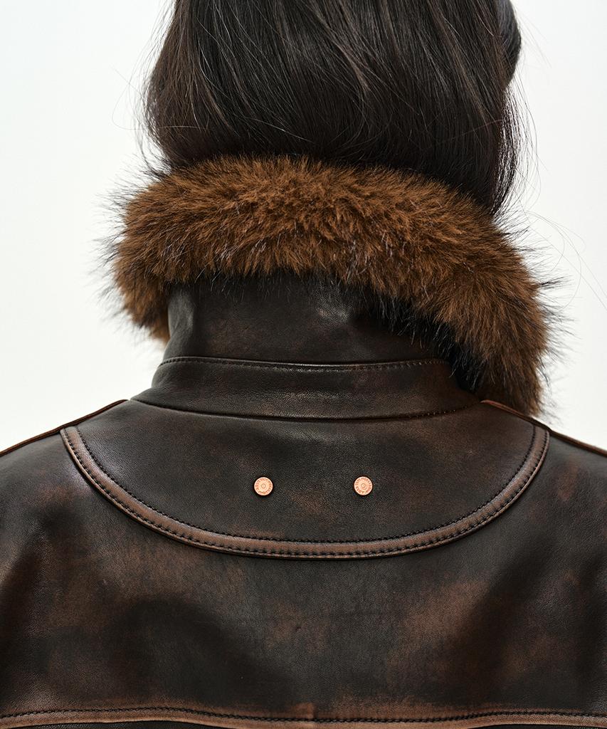 ADSB ANDERSSON BELL Fur Collar Field Leather Jacket (Brown)