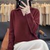 Autumn and Winter POLO Small V-neck Long-sleeved Loose Knitted Base Layer Sweater for Women