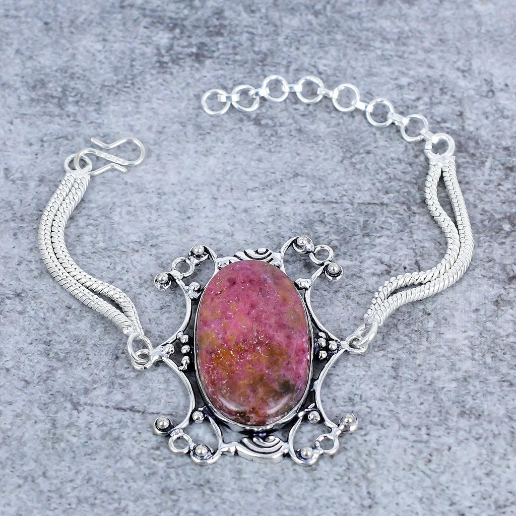 Pink Thulite Gemstone Handmade 925 Sterling Silver Bracelet 7-8" M-2740