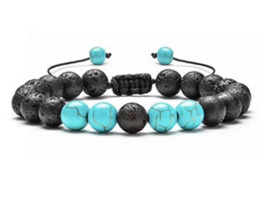 Браслет для йоги из цветного вулканического камня и бирюзы с золотой цепочкой и узором «Семь вен»