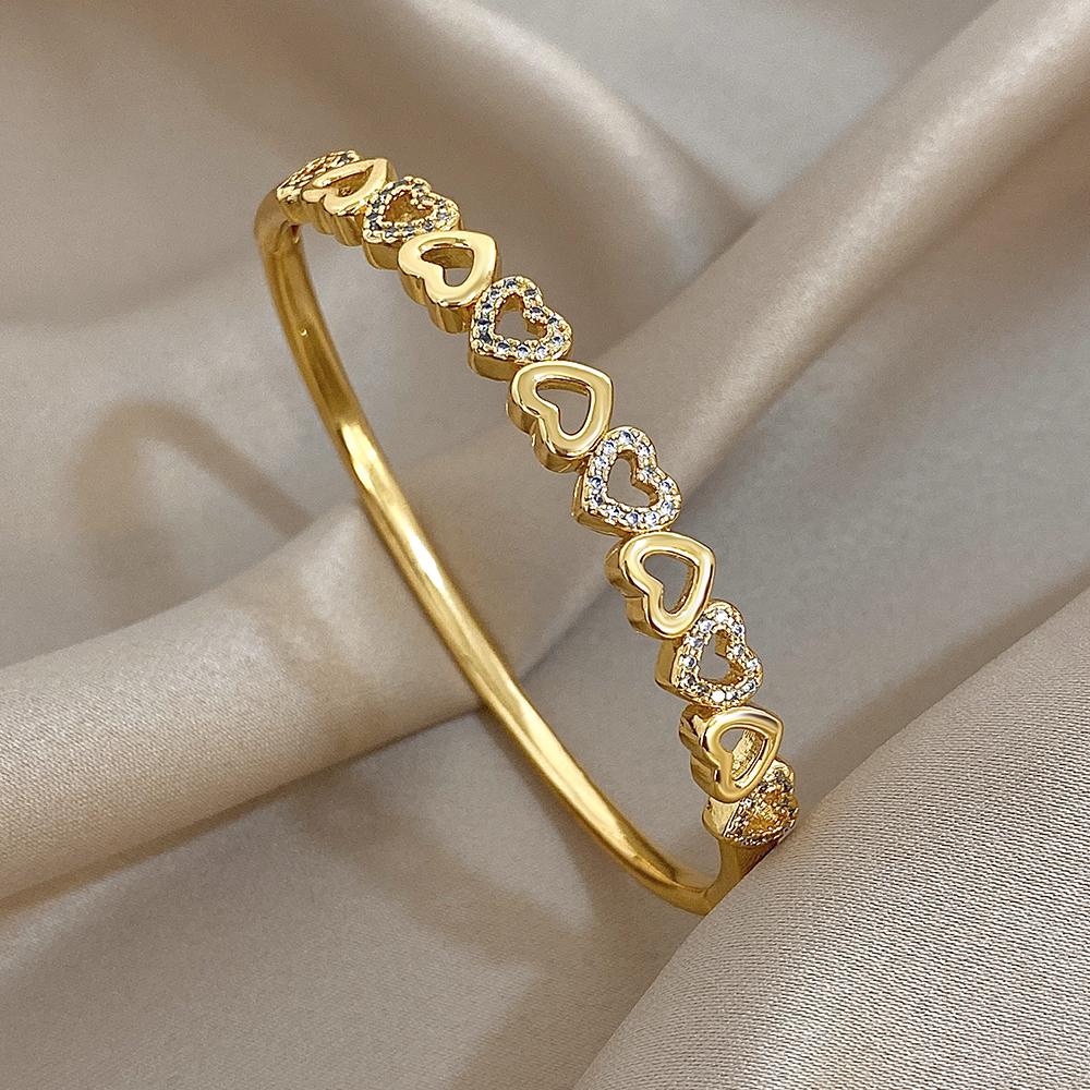 Flashbuy Gold Color Chic Inlaid Zircon Copper Bangle Bracelet For Women Statement New Design Temperament Wrist Fashion Zircon