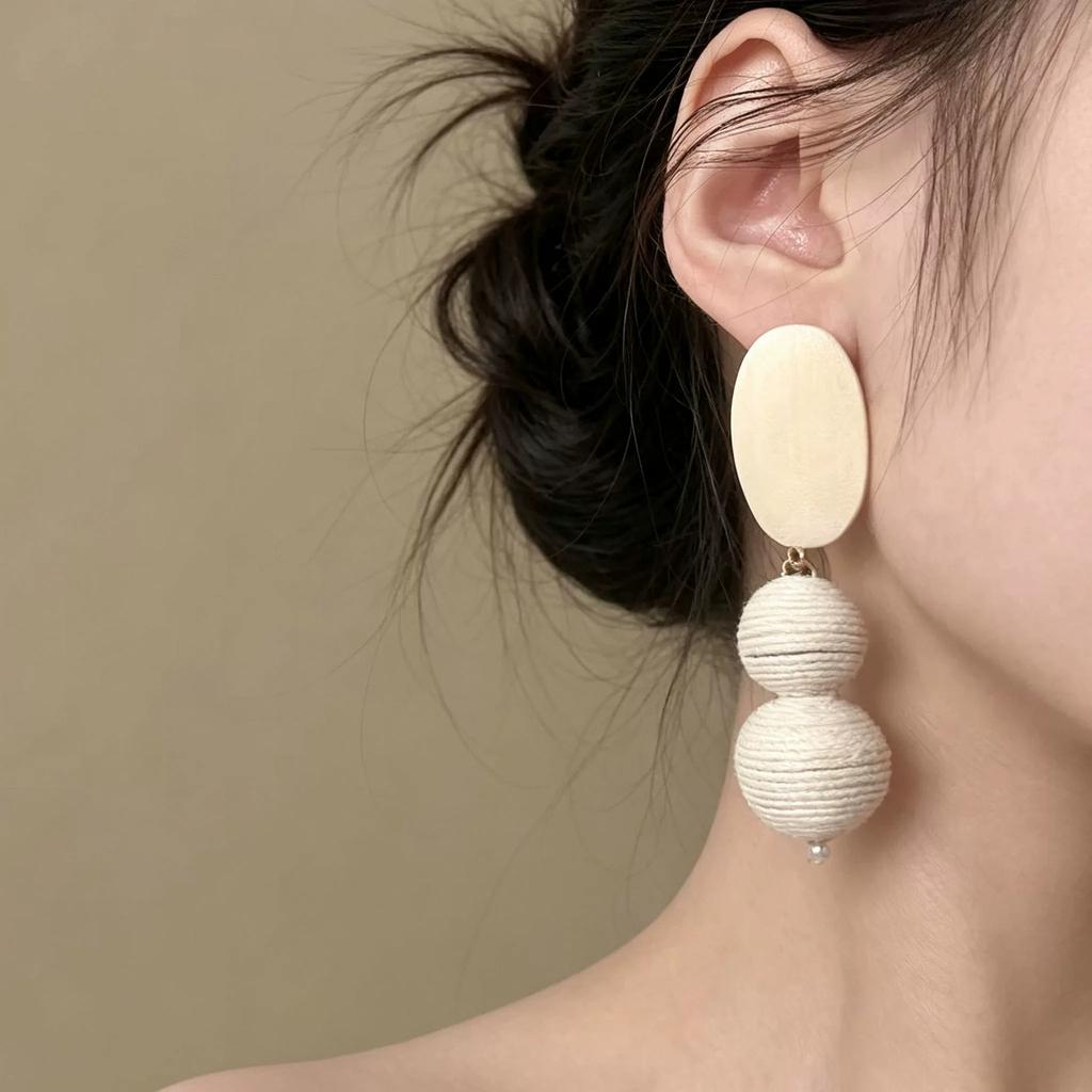 Retro Exaggerated Round Rattan Stud Earrings, Handmade Wooden Long White Ball Niche Temperament Women Earrings